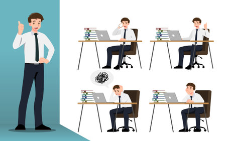 Flat design concept of Businessman with different poses, working and presenting process gestures, actions and poses. Vector cartoon character design set.のイラスト素材
