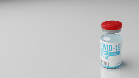 A coronavirus or COVID-19 vaccine bottle placed on a table in laboratory. 3D illustration rendering in the concept of antivirus treatment.の写真素材