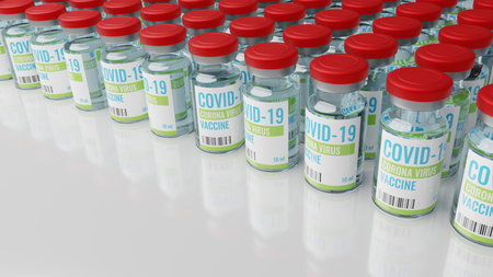 A coronavirus or COVID-19 vaccine bottle placed on a table in laboratory. 3D illustration rendering in the concept of antivirus treatment.の写真素材