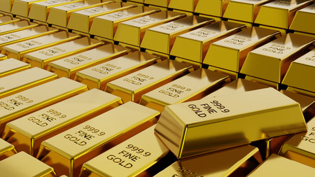 Close-up stack of gold bullion bars concept of financial wealth and reserve. Precious metal investment as a store of value. Digital 3d rendering.の写真素材