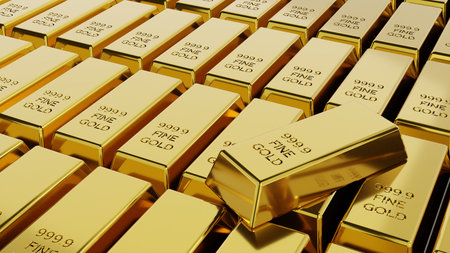Close-up stack of gold bullion bars concept of financial wealth and reserve. Precious metal investment as a store of value. Digital 3d rendering.の写真素材
