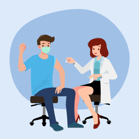 A doctor in a clinic giving a virus vaccine to a man. Vaccination concept for immunity health. Virus prevention to medical treatment, process of immunization against virus for people.のイラスト素材