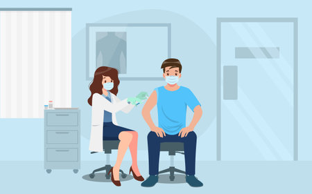 A doctor in a clinic giving a virus vaccine to a man. Vaccination concept for immunity health.のイラスト素材