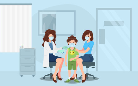 A doctor in a clinic giving a virus vaccine to a boy. Vaccination concept for immunity health.のイラスト素材