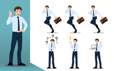 Flat design concept of Businessman with different poses, working and presenting process gestures, actions and poses. Vector cartoon character design set.のイラスト素材