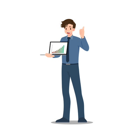 Businessman stand and smiling, holding a laptop showing a good and profitable stock performance and raising his hand and do a symbol it as excellent. Vector illustration flat design.のイラスト素材