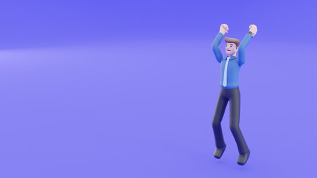 The businessman is smiling, jumping and raised his hand in the air. Congratulation and joyful with the success of his career. Successful concept of people in 3d rendering concept.の写真素材