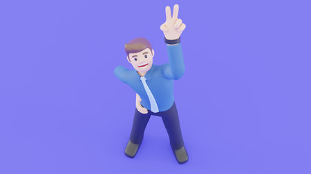 The businessman is smiling and raised his hand to and do victory symbol. Congratulation and joyful with the success of his career. Successful concept of people in 3d rendering concept.の写真素材