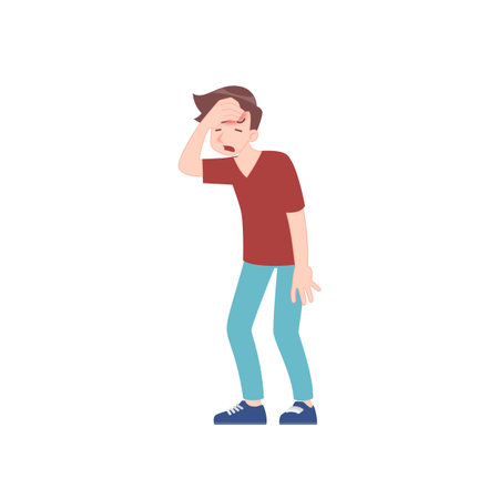 Illness symptoms of a viral infection and respiratory. A sick man in action of Headache and fever.のイラスト素材