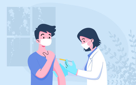 The doctor give injection to a patient.  vaccination, medical doctor wear surgery mask process of immunizationのイラスト素材