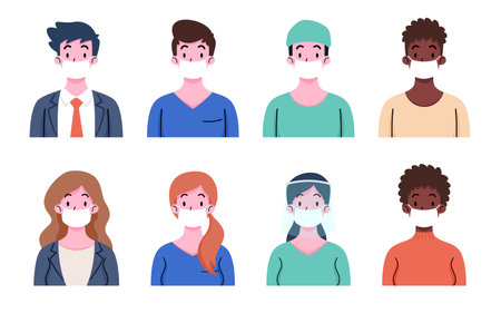 Set of people wearing protective medical face masks to prevent disease, flu, air pollution, contaminated air, world pollution.のイラスト素材