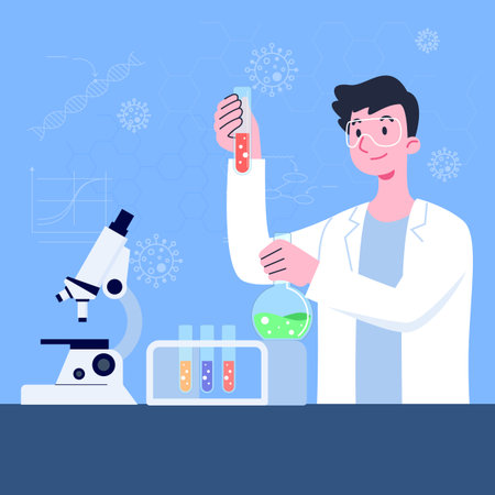 A professional science researching lab. The scientist do the virus researching with the microscope and lap equipment. The molecular engineer working the experiment research biology cell or virus.のイラスト素材