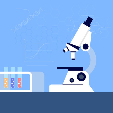 Microscope and glass test tube. The equipment for scientist or doctor. Vector illustration flat design.のイラスト素材