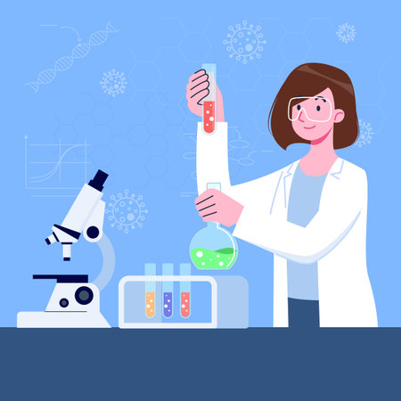 A professional science researching lab. The scientist do the virus researching with the microscope and lap equipment. The molecular engineer working the experiment research biology cell or virus.のイラスト素材