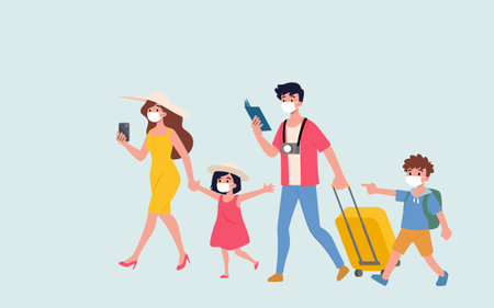 The happy family start to travel around the world with wearing masksのイラスト素材