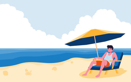 On a summer vacation, a young man lounged comfortably on a beach chair by the blue sea under large umbrella to block the sunlight on the fine sand in a beautiful sky with big cloudy day.のイラスト素材