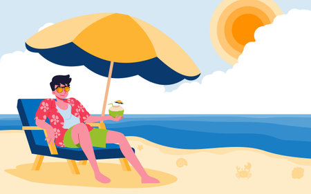On a summer vacation, a young man lounged comfortably on a beach chair by the blue sea under large umbrella to block the sunlight on the fine sand in a beautiful sky with big cloudy day.のイラスト素材