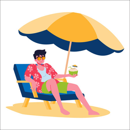 A young man lounged comfortably on a beach chair under large umbrella to block the sunlight on a summer vacation.のイラスト素材