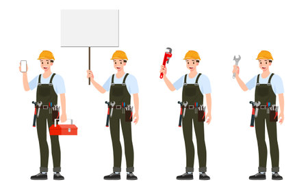 Set of builder, mechanic or repairman with a toolbox and holding a hammer wear blue jeans presentation in various poses with happy emotions. Set of different actions in cartoon style.のイラスト素材