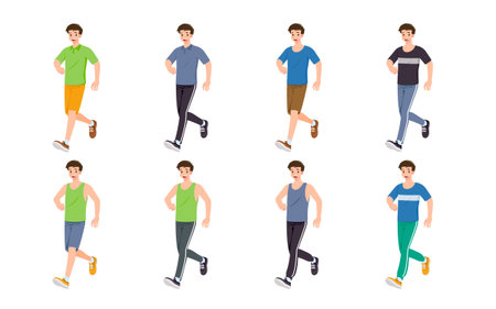 Flat design concept of man with different poses, presenting process gestures and actions. Vector cartoon character design set.のイラスト素材