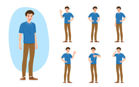 Flat design concept of man with different poses, presenting process gestures and actions. Vector cartoon character design set.のイラスト素材