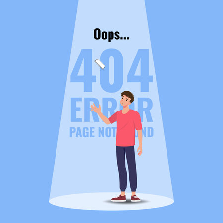 Flat error 404 sign layout yellow screen on a mobile phone. The man standing near a floating cell phone and text show Website 404 page behind. The page you requested could not be found.のイラスト素材