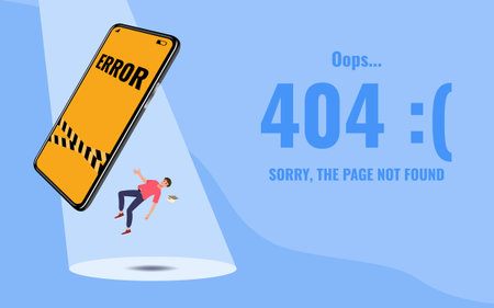 Flat error 404 sign layout yellow screen on a mobile phone with a man floating in the air and text show Website 404 page beside. The page you requested could not be found.のイラスト素材