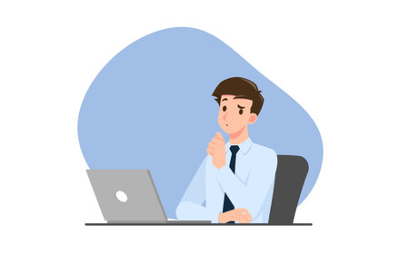 Successful businessman character thinking. Thinking business people during work with personal computer laptop. Working concept vector illustration design.のイラスト素材