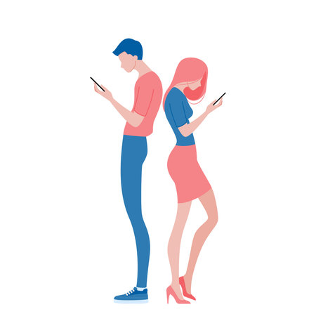 A young man and a woman stand with their backs to each other and playing mobile phones. An abstract distance connection between people concept.のイラスト素材