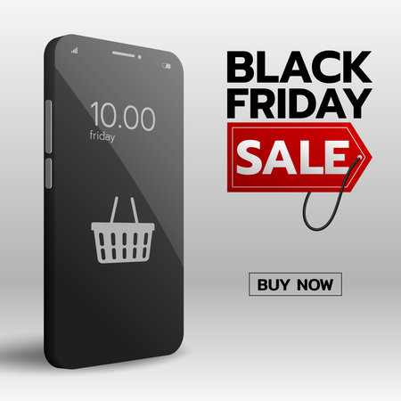 Black friday online shop on smartphone mobile with a  basket symbol on a phone. World wide trade connecting business technology concept.のイラスト素材