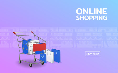 Shopping online web page with cart and stack of the shopping bag. Convenient worldwide marketing on the internet app design concept.のイラスト素材
