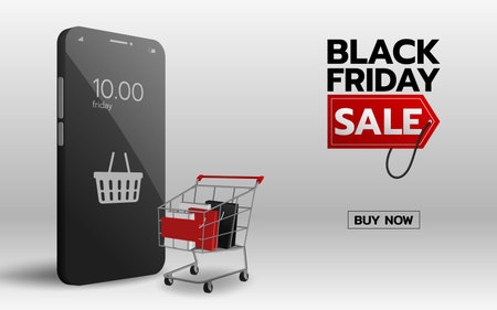 Black friday online shop on smartphone mobile with a stack of shopping bag in a shopping cart and basket symbol on a phone. World wide trade connecting business technology concept.のイラスト素材