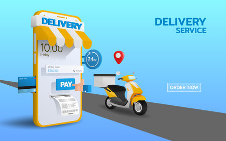 Online logistic 24 hours payment and delivery service on smartphone. Delivered by scooter bike, fast, safety and provide convenience to customers who use the service.のイラスト素材