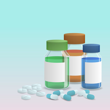 Realistic 3d various drugs, Pills and capsules with white blank label Vector illustration in pharmacy concept.のイラスト素材