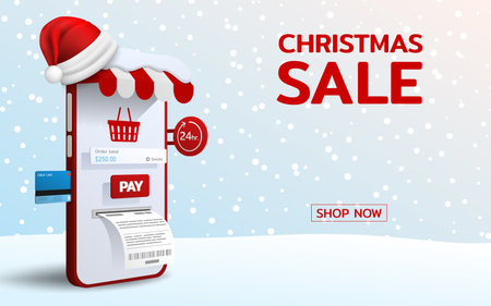 Online shopping in Merry Christmas theme with Santa hat, 3d perspective vector design. Trading online by credit card, fast, safe and provide convenience to customers who use the service.のイラスト素材