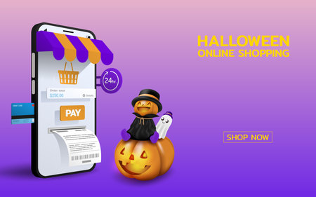 Online shopping in Halloween festival theme, An store in the form of a smartphone with credit card inserted, button on the screen and cute little pumpkin head mascot sitting on a huge carved pumpkin.のイラスト素材