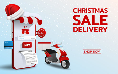 Online shopping in Merry Christmas theme with Santa hat, ready to delivery by motorbike 3d perspective vector design. Trading online by credit card, fast, safe and provide convenience service.のイラスト素材