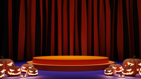 Happy Halloween 3D backdrop featuring carved pumpkins lantern with glowing light inside. Orange circle stage, orange-black alternating curtains.の写真素材