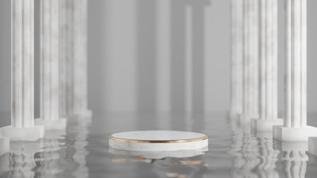 3d geometric shape form rendering in minimal scene podium showcase, shop front, display mockup case and stage for cosmetic premium product presentation placement with empty blank space.の写真素材