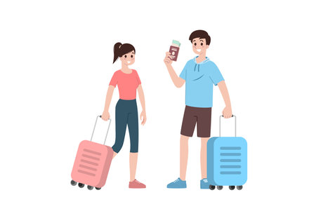Group of young tourist characters. Traveling tourists with travel luggage going on vacation trip after covid-19 virus was diminish. Vacation people isolated vector. Summer character, woman and man.のイラスト素材