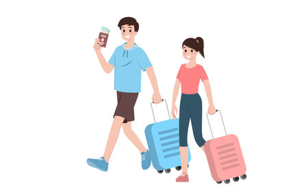 Group of young tourist characters. Traveling tourists with travel luggage going on vacation trip after covid-19 virus was diminish. Vacation people isolated vector. Summer character, woman and man.のイラスト素材