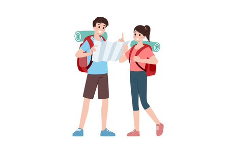 Group of young tourist characters. Traveling tourists with travel backpack going on vacation trip after covid-19 virus was diminish. Vacation people isolated vector. Summer character, woman and man.のイラスト素材