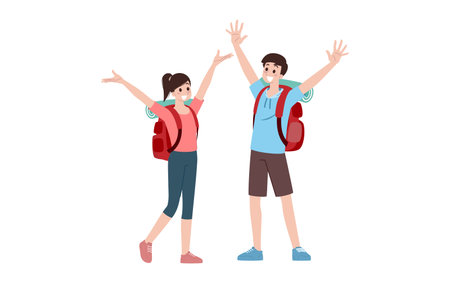 Group of young tourist characters. Traveling tourists with travel backpack going on vacation tripのイラスト素材