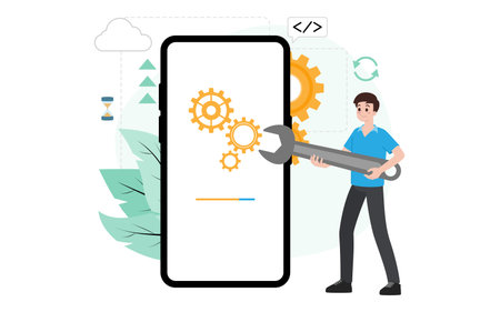IT administrator with software upgrade process on mobile. Digital system device administration, network upkeeping, smartphone systems configuration concept. System maintenance application vector.のイラスト素材