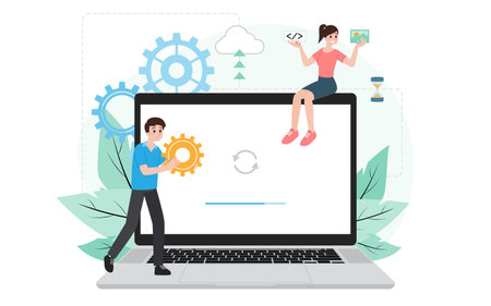 IT administrator with software upgrade process on laptop. Digital system device administration, network upkeeping, computer systems configuration concept. System maintenance application vector.のイラスト素材