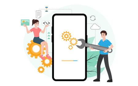 IT administrator with software upgrade process on mobile. Digital system device administration, network upkeeping, smartphone systems configuration concept. System maintenance application vector.のイラスト素材