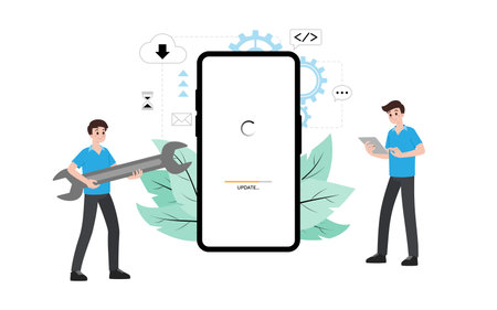 IT administrator with software upgrade process on mobile. Digital system device administration, network upkeeping, smartphone systems configuration concept. System maintenance application vector.のイラスト素材