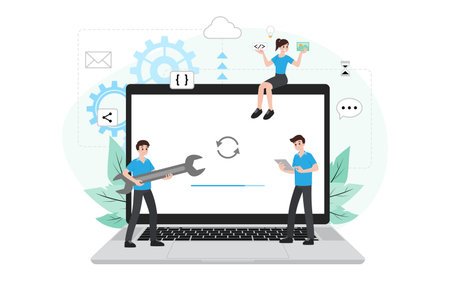 IT administrator with software upgrade process on laptop. Digital system device administration, network upkeeping, computer systems configuration concept. System maintenance application vector.のイラスト素材