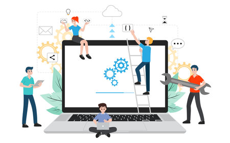 IT administrator with software upgrade process on laptop. Digital system device administration, network upkeeping, computer systems configuration concept. System maintenance application vector.のイラスト素材