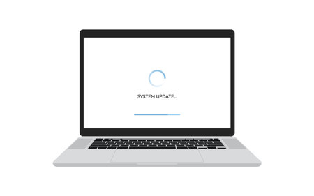 Computer laptop repair or Installing software system development concept. Data system update or synchronize with bar process with loading process in laptop screen isolated on white background.のイラスト素材